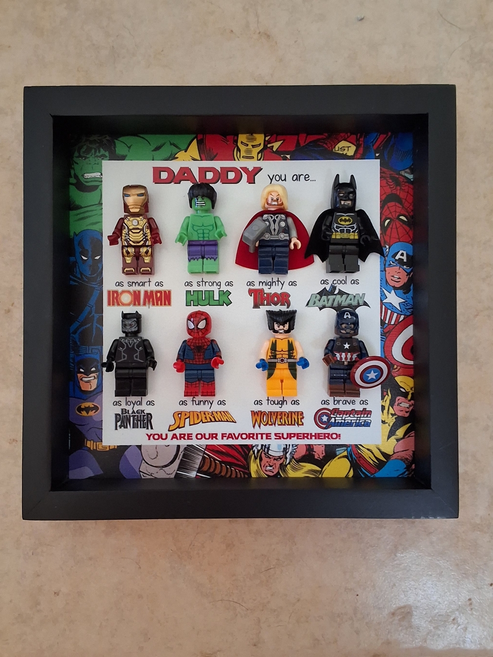 Fathers Day Superhero LEGO Minifigure Shadow Box Display - Black Frame